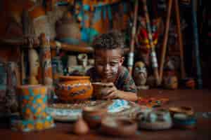 Free photo talented child doing pottery