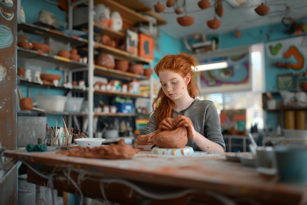 Free photo talented child doing pottery