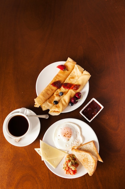 Tasty breakfast on table