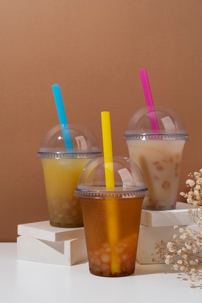 Free photo tasty bubble tea drinks arrangement