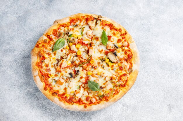 Tasty chicken pizza with mushrooms and spices