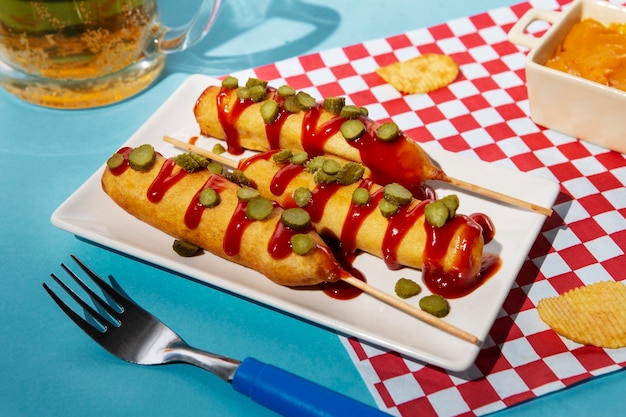 Free photo tasty corn dogs on plate high angle