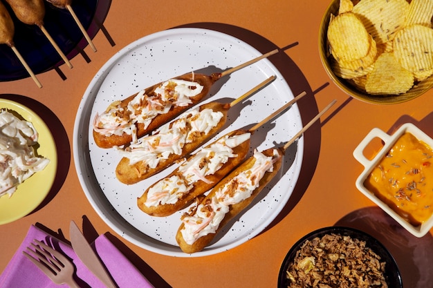 Free photo tasty corn dogs on plate top view