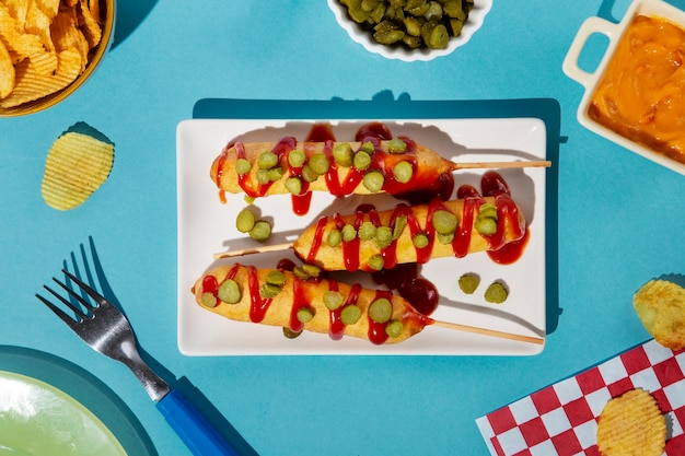 Free Photo tasty corn dogs with pickles on plate flat lay