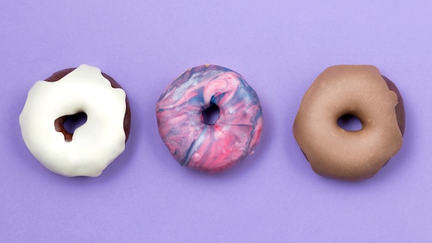 Tasty donut assortment top view