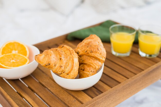 Tasty food on breakfast table 