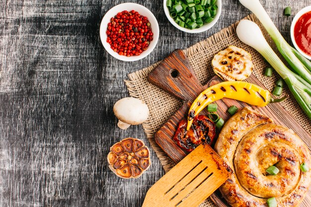 Tasty and healthy meal on wooden desk