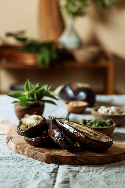 Tasty jewish meal with wooden board