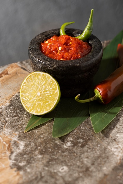 Free photo tasty meal with sambal arrangement