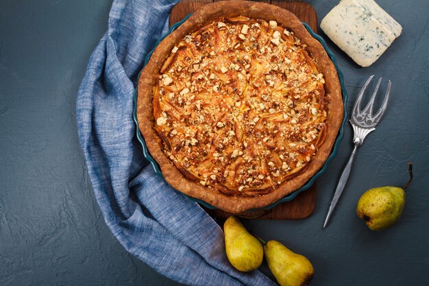 Tasty pie on dish.  From above. Copy space.