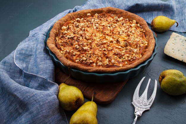 Tasty pie on dish.