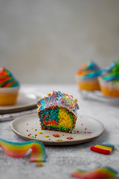 Free photo tasty rainbow cupcake still life