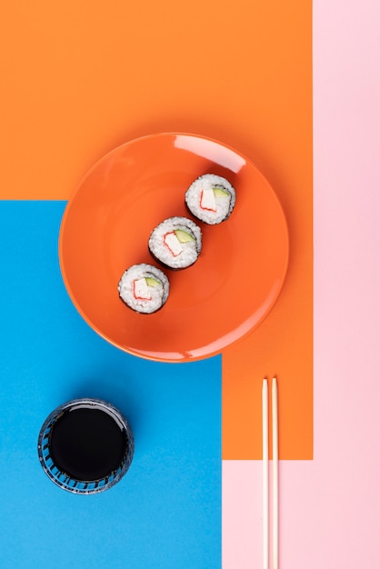 Free Photo tasty sushi and soy sauce top view