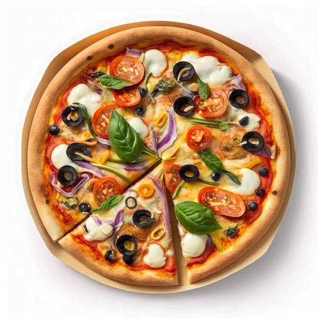 Tasty top view sliced pizza Italian traditional round pizza