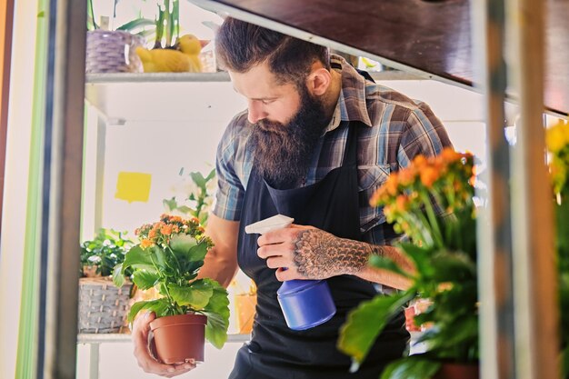 Tattooed bearded male watering flowers in a market shop.