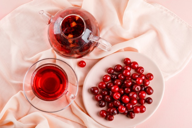 Tea in glass mug and teapot with cherries on pink and textile