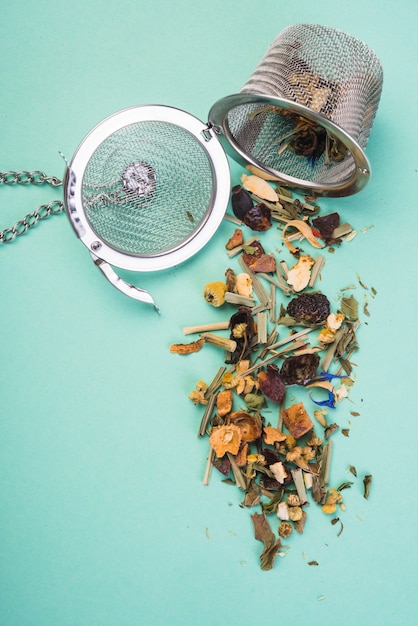 A tea infusing basket with an open tea herbs on colored backdrop