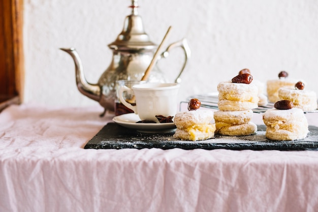 Tea set and pastries on board