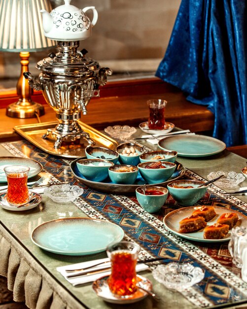 Tea set with baklava, jams and dried fruits