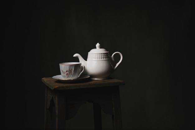 Tea set on wooden stool