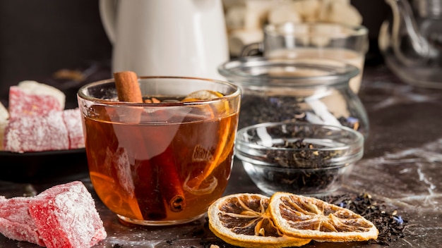 Tea with lemon on desk