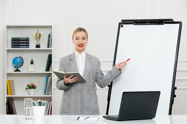 Teacher cute instructor in suit in classrom with computer and whiteboard smiling by board