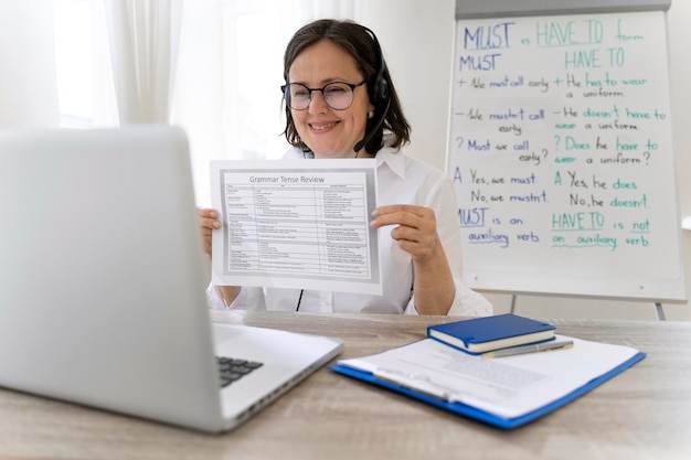 Teacher doing her english class with a whiteboard