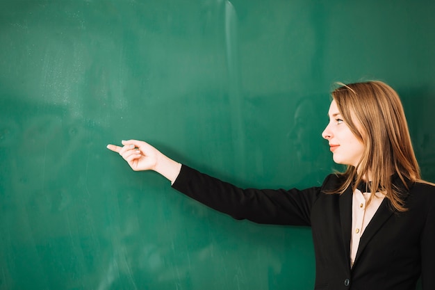 Teacher pointing finger to board