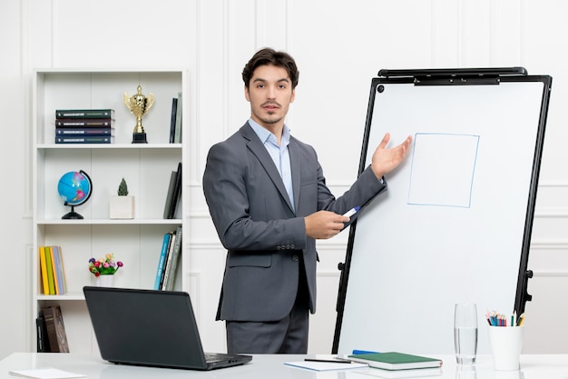 Teacher smart instructor in grey suit in classroom with computer whiteboard explaining geometry