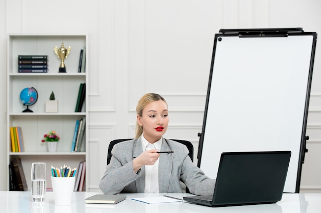 Teacher young cute instructor in suit in classrom with laptop and whiteboard pointing at class