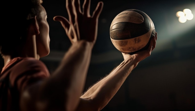 Team of adult men playing competitive volleyball indoors generated by AI