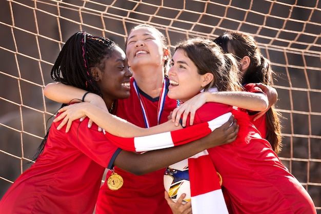 Free Photo team celebrating the win of silver cup