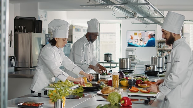 Free photo team of cooks slicing vegetables on cutting board for meal preparation in restaurant kitchen. man and woman cooking gourmet food dish with organic ingredients, working on culinary recipe.