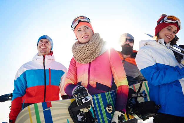 Team with winter equipments on the top view