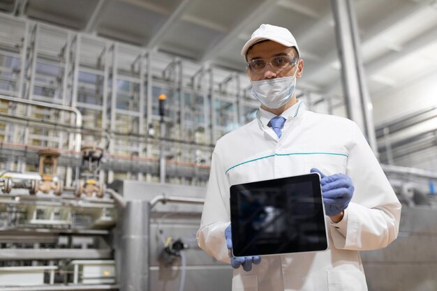 Technologist in a white coat with a tablet in his hands is in the shop for the production of butter and cheese The production process at the plant of dairy products A place for a label