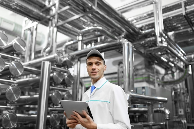 Free photo technologist with grey tablet in his hands make a set up of the production line while standing at the department of dairy factory