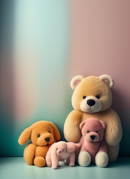 Free Photo a teddy bear and two other stuffed animals are sitting together.