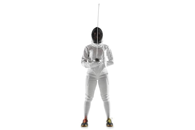 Free photo teen girl in fencing costume with sword in hand isolated on white  background.