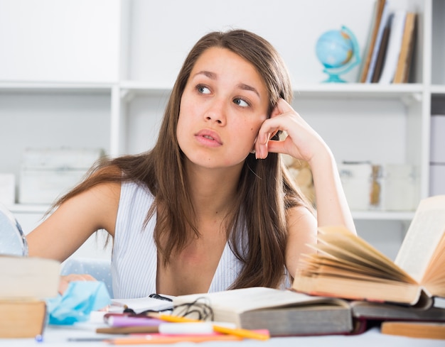 Teenage girl is solving an equation