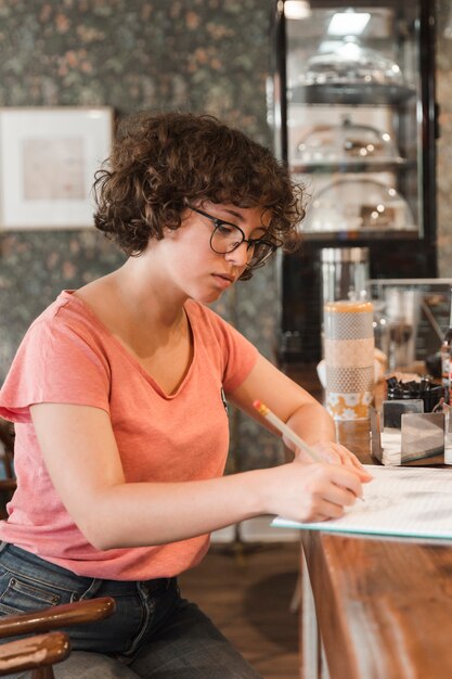 Teenager doing homework in cafe