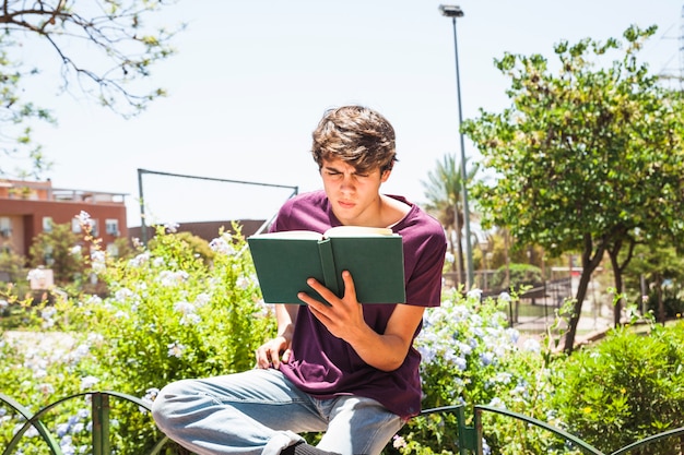 Free photo teenager reading on fence in park