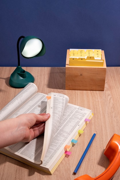 Telephone directory on table