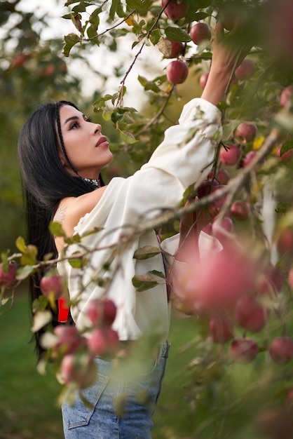 Free photo tender female in blouse reaching for apple in orchard