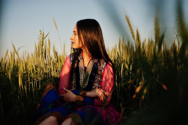 Tender indian girl in saree with violet lips make up posed at field in sunset Fashionable india model