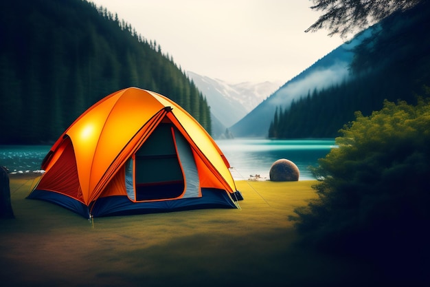 A tent by a lake with a mountain in the background