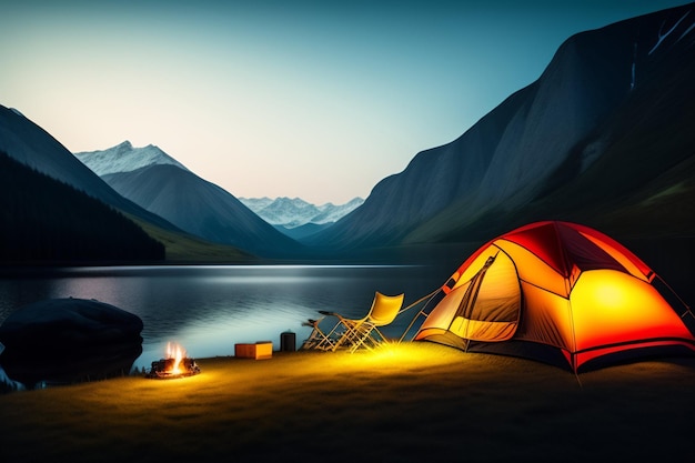 Free photo a tent by a lake with a mountain in the background