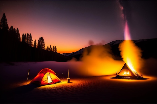 A tent is lit up in front of a mountain at night.