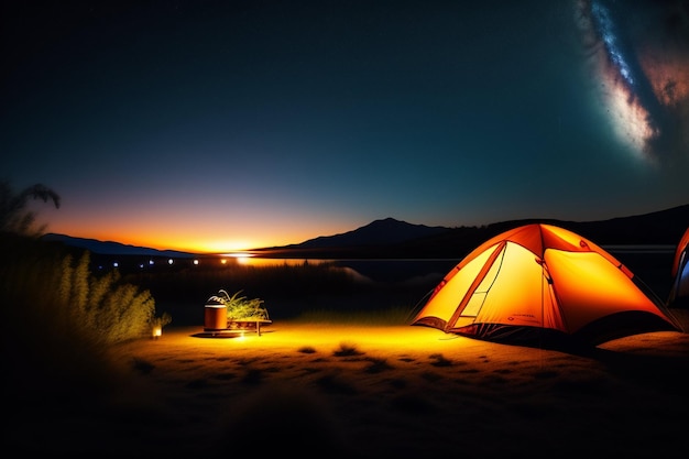 Free photo a tent is set up in the dark with the moon in the background.