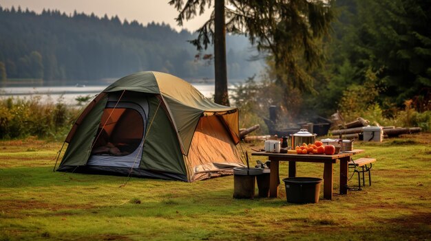 Tent set up with cooking pots on the ground for camping