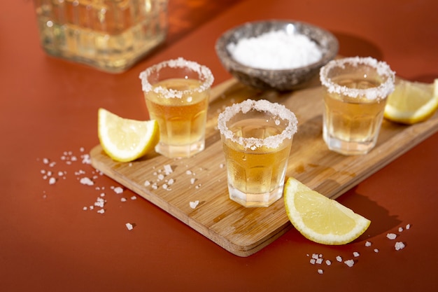 Tequila shots with salt arrangement high angle